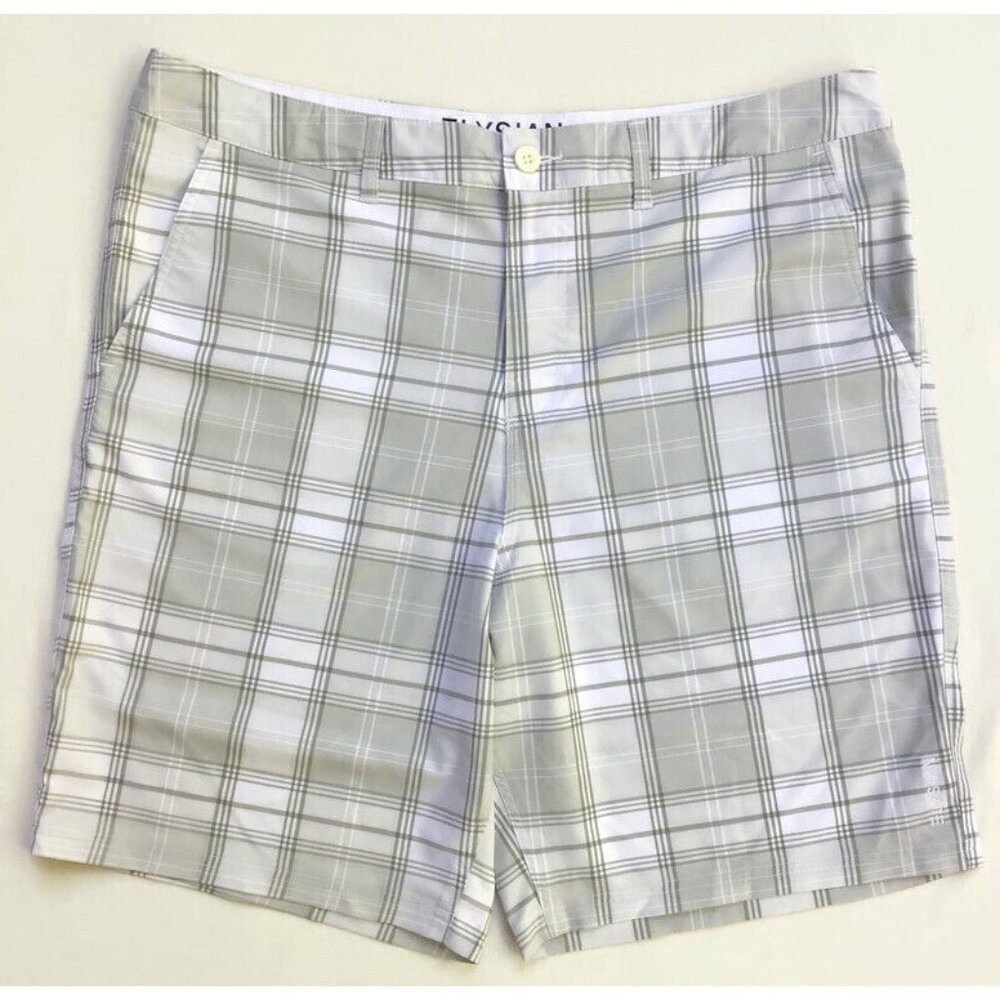 Elysian Hybrid Shorts Men’s 38 Gray White Plaid Outdoor Casual
